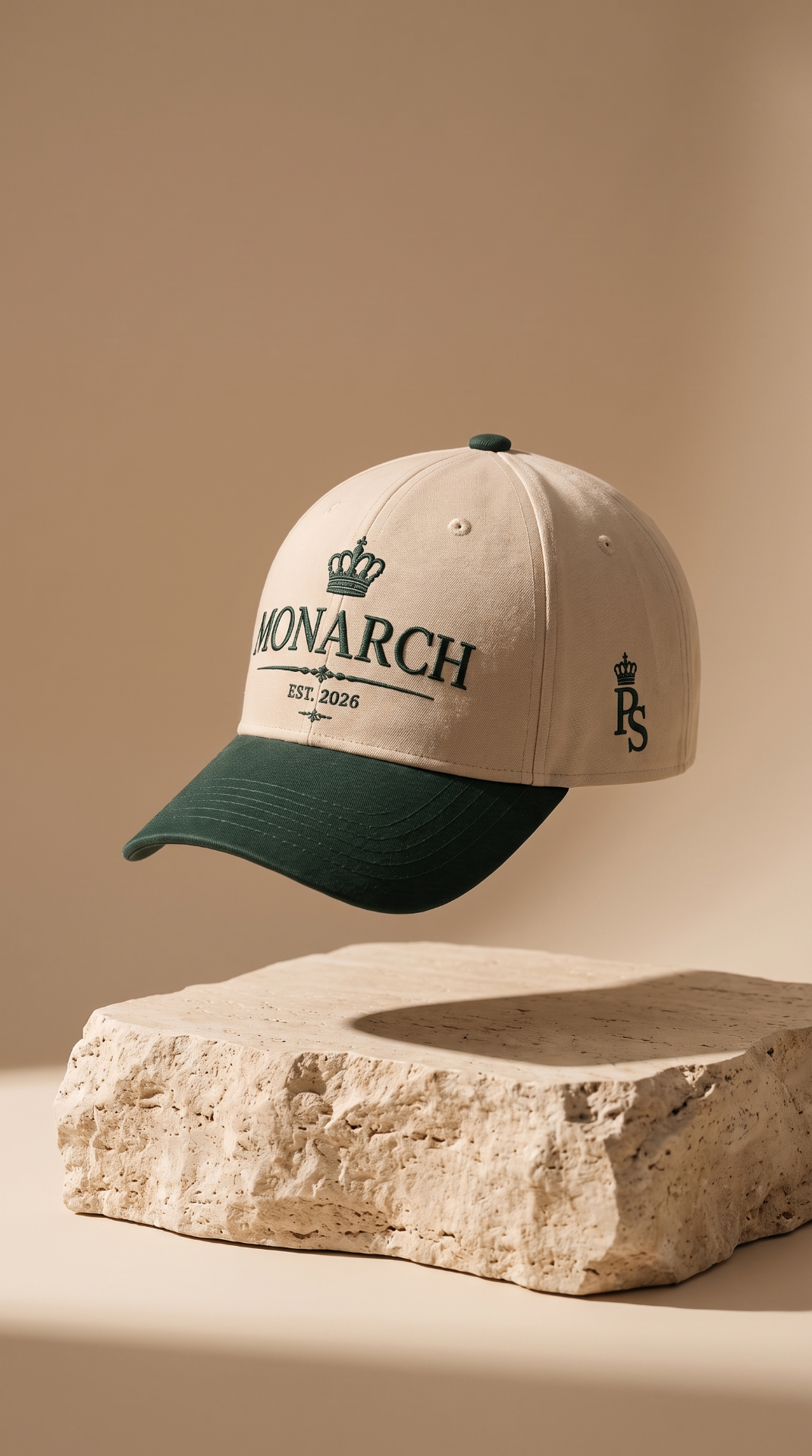 MONARCH Deep Green cap floating above a travertine stone