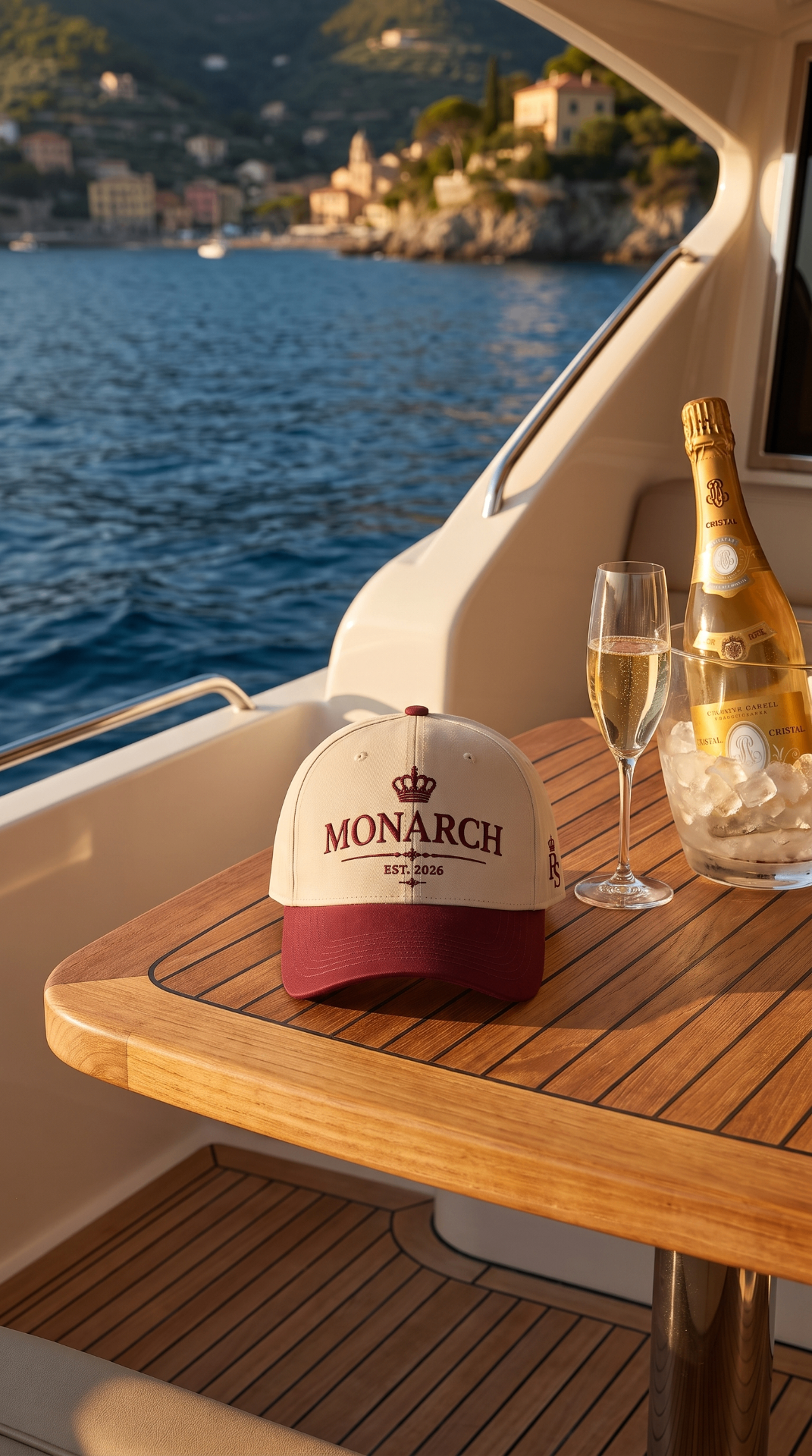 MONARCH Wine Red cap on a yacht deck overlooking the Ligurian coast